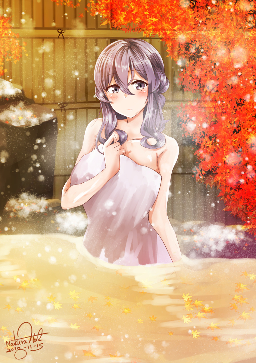 1girl blue_eyes blue_hair blush breasts closed_mouth eyebrows_visible_through_hair gotland_(kantai_collection) hair_between_eyes highres kantai_collection large_breasts long_hair looking_at_viewer mole mole_under_eye naked_towel nakura_haru onsen solo towel