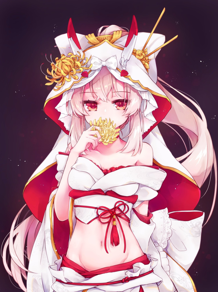 1girl ayanami_(azur_lane) azur_lane bangs bare_shoulders bow breasts choker collarbone commentary_request eyebrows_visible_through_hair fingernails flower groin hair_between_eyes hand_up headgear high_ponytail highres holding holding_flower hood hood_up light_brown_hair long_hair long_sleeves midriff navel ponytail red_choker red_eyes red_ribbon ribbon shichijou_natori sidelocks small_breasts solo very_long_hair white_bow wide_sleeves yellow_flower