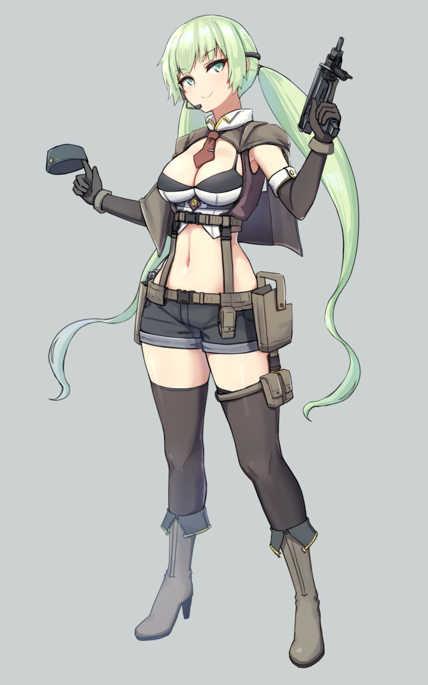 1girl alternate_hairstyle armpits bangs belt black_gloves black_legwear black_shorts boots breasts brown_vest capelet cleavage closed_mouth crop_top detached_collar earphones elbow_gloves eyebrows_visible_through_hair full_body girls_frontline gloves green_eyes green_hair grey_background grey_footwear gun hand_up hat hat_removed headwear_removed high_heel_boots high_heels highres holding holding_gun holding_hat holding_weapon holster holstered_weapon imi_uzi knee_boots legs_apart long_hair looking_at_viewer low_twintails manme medium_breasts micro_uzi_(girls_frontline) microphone midriff mini_hat navel necktie red_neckwear shirt short_shorts shorts sidelocks simple_background sleeveless smile solo spaghetti_strap standing star submachine_gun thigh-highs thigh_pouch trigger_discipline twintails very_long_hair vest wavy_hair weapon white_shirt wrist_cuffs