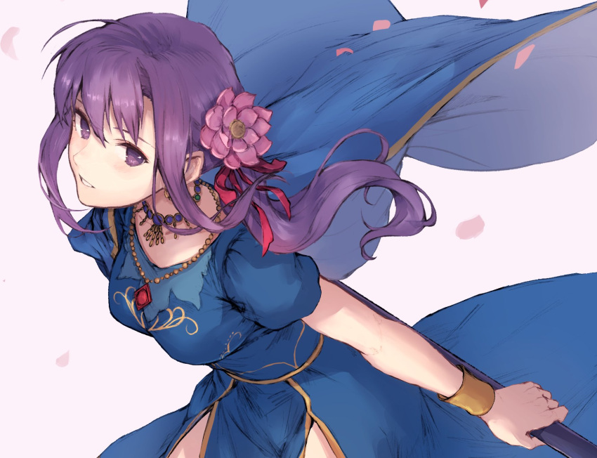 1girl bracelet breasts earrings fate/grand_order fate_(series) flower hair_flower hair_ornament hair_ribbon highres holding holding_spear holding_weapon indian_clothes jewelry kouzuki_kei large_breasts long_hair looking_at_viewer lotus matou_sakura necklace parted_lips parvati_(fate/grand_order) petals polearm purple_hair red_ribbon ribbon short_sleeves simple_background solo spear violet_eyes weapon