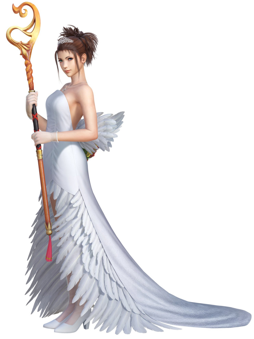 1girl 3d bare_shoulders blue_eyes brown_hair cg closed_mouth dissidia_final_fantasy_nt dress feather_dress feathers female final_fantasy final_fantasy_x full_body gloves green_eyes hair_up heterochromia high_heels highres holding holding_staff jewelry looking_at_viewer necklace official_alternate_costume official_art shoes simple_background smile solo staff standing strapless strapless_dress tiara wedding_dress white_background white_dress white_footwear yuna_(ff10)
