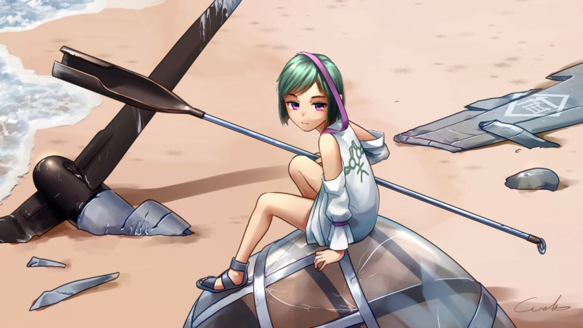1girl aircraft bare_legs beach cracked crash destroyed detached_sleeves green_hair helicopter highres looking_at_viewer original rotor sand sandals short_hair sitting smile violet_eyes water welt_(kinsei_koutenkyoku)
