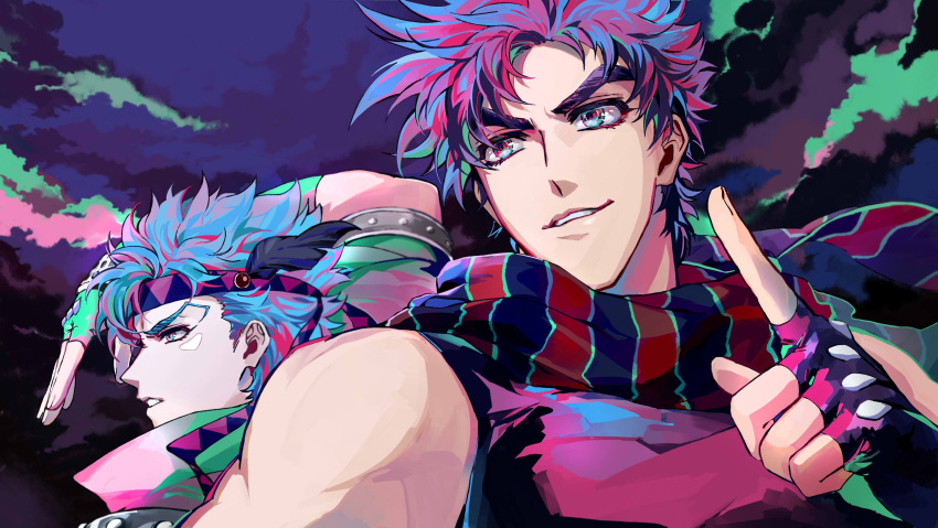 2boys artist_request battle_tendency caesar_anthonio_zeppeli facial_mark feathers fingerless_gloves gloves green_jacket hair_feathers headband highres jacket jojo_no_kimyou_na_bouken joseph_joestar_(young) male_focus multiple_boys scarf