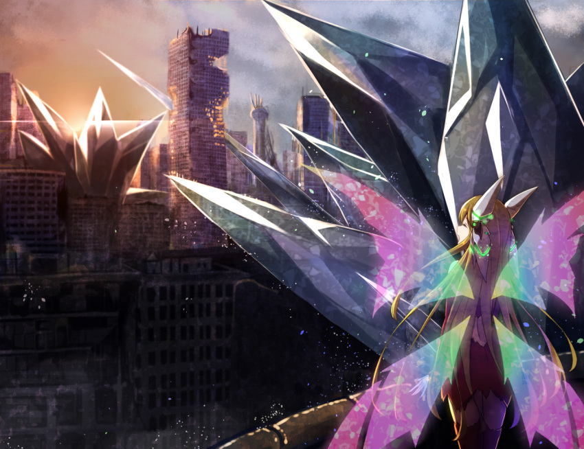 1girl blonde_hair building cityscape closed_eyes clouds cloudy_sky commentary_request crystal dress ekusera gradient gradient_wings headgear long_hair multicolored multicolored_wings open_mouth original outdoors rainbow_gradient red_dress red_legwear ruins short_dress sky skyscraper solo standing sunset thigh-highs tower transparent_wings very_long_hair wings