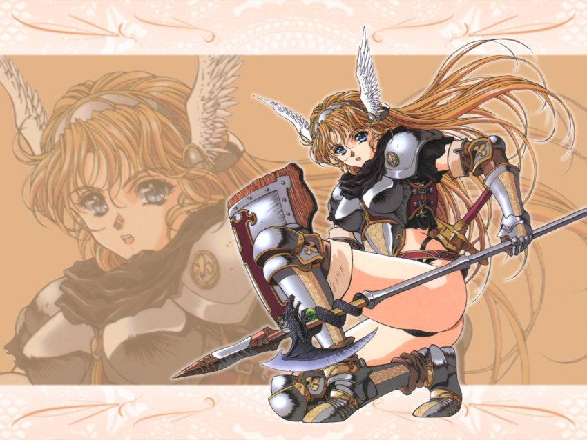 1girl armor armored_boots blonde_hair blue_eyes boots breastplate female full_body gauntlets head_wings holding holding_halberd holding_polearm holding_shield holding_weapon long_hair open_mouth pauldrons sheath sheathed shield solo squatting sword thigh-highs thighs weapon yoshizane_akihiro zoom_layer