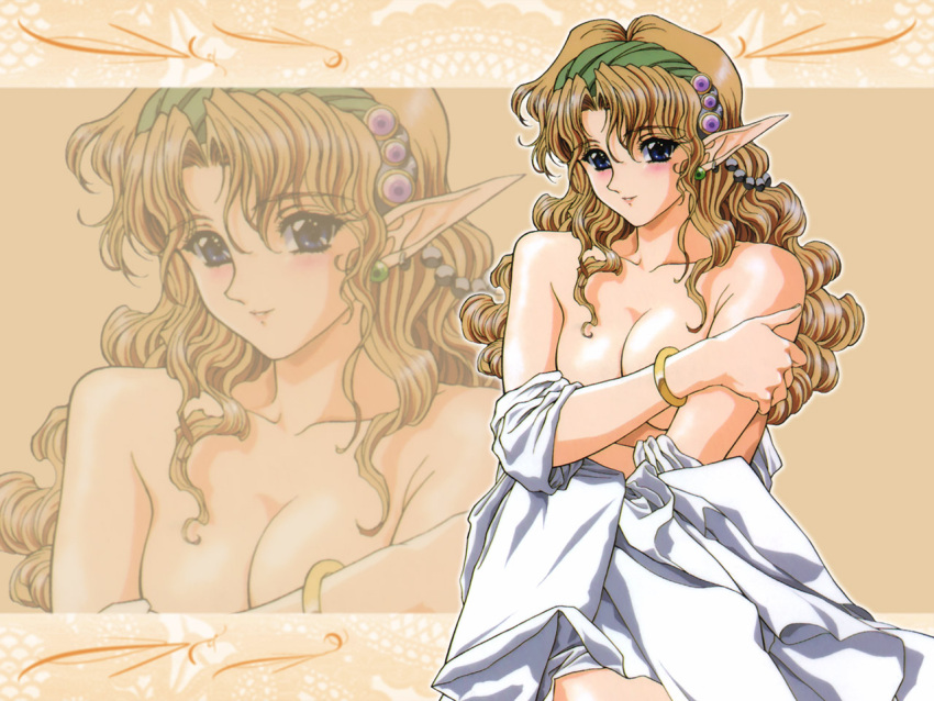 1girl blonde_hair blue_eyes blush bracelet breasts covering covering_breasts earrings eyebrows_visible_through_hair hairband jewelry light_smile long_hair medium_breasts off_shoulder shiny shiny_skin solo yoshizane_akihiro zoom_layer