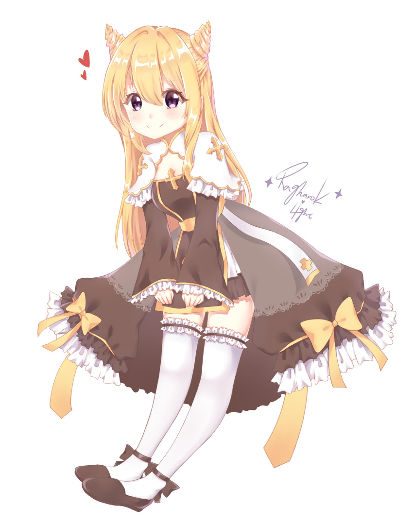 1girl bangs black_bow black_footwear blonde_hair blush bow brown_dress closed_mouth commentary_request dress eyebrows_visible_through_hair frilled_legwear frilled_sleeves frills hair_between_eyes heart high_priest highres light_(luxiao_deng) long_hair long_sleeves looking_at_viewer ragnarok_online shoes short_over_long_sleeves short_sleeves simple_background sleeves_past_wrists smile solo thigh-highs very_long_hair violet_eyes white_background white_legwear wide_sleeves yellow_bow