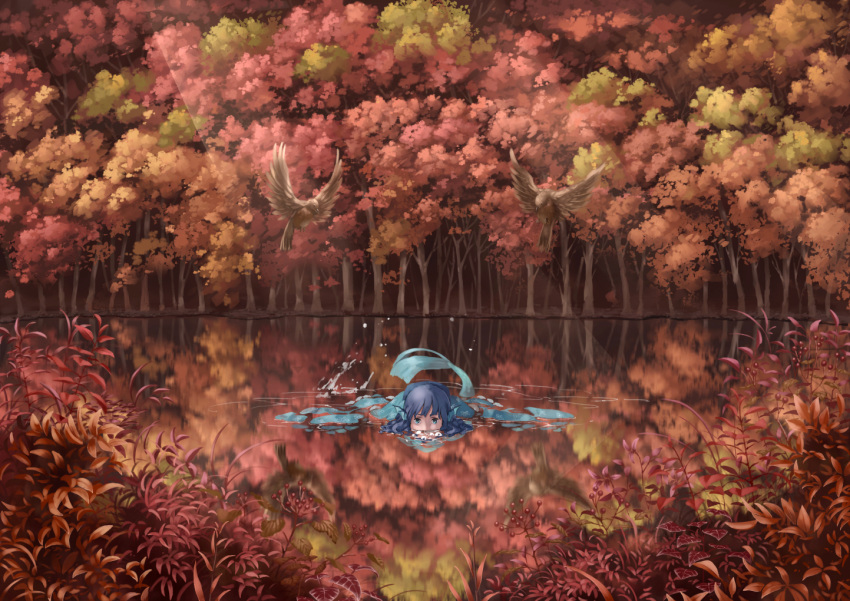 1girl autumn autumn_leaves bird blue_eyes blue_hair bubble bush commentary floating_hair forest head_fins lake looking_at_viewer mermaid monster_girl nagi_(xx001122) nature outdoors partially_submerged reflection scenery solo sunlight swimming tail touhou wakasagihime