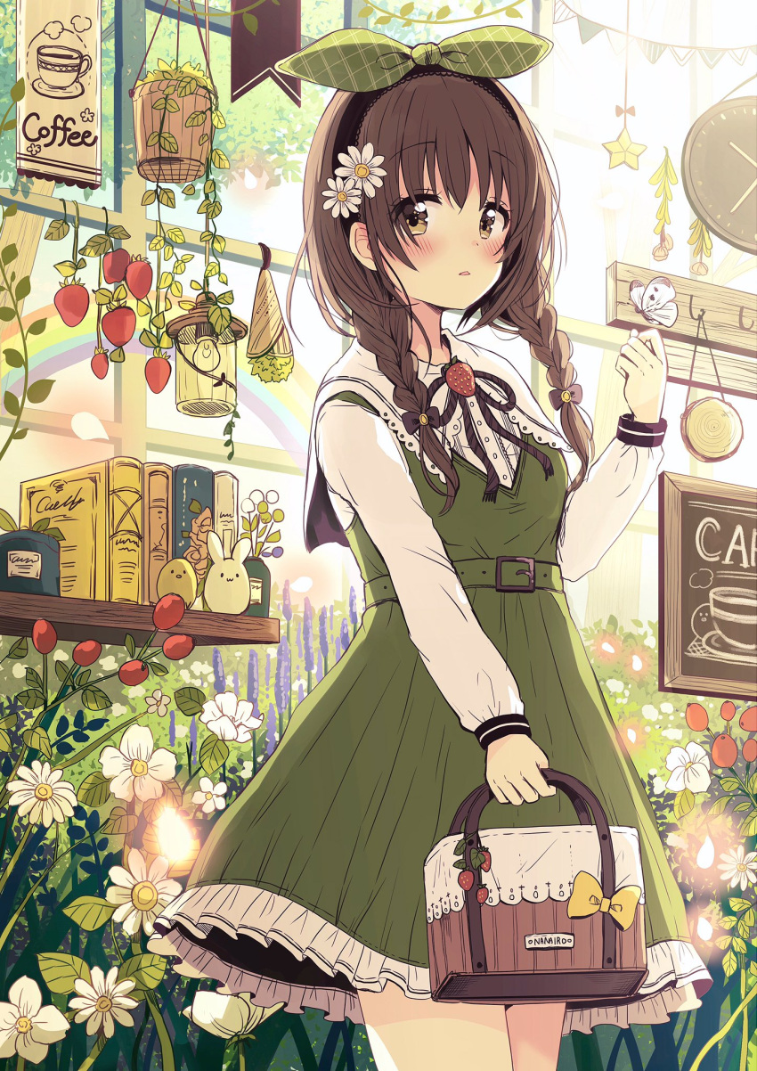 1girl animal bag bangs black_hairband blush braid brown_eyes brown_hair butterfly_on_hand clock commentary_request dress eyebrows_visible_through_hair flower food fruit green_dress green_ribbon hair_between_eyes hair_flower hair_ornament hair_ribbon hairband hand_up highres holding holding_bag long_hair long_sleeves looking_at_viewer low_twintails original parted_lips purple_flower red_flower ribbon sakura_oriko shirt sleeveless sleeveless_dress solo standing strawberry twin_braids twintails wall_clock white_flower white_shirt