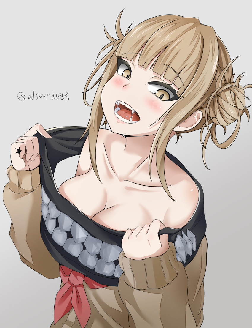 1girl absurdres boku_no_hero_academia breasts brown_eyes brown_sweater cleavage collarbone double_bun eyebrows_visible_through_hair fangs grey_background highres light_brown_hair loka135 long_sleeves looking_at_viewer medium_breasts neckerchief open_mouth red_neckwear saliva saliva_trail short_hair sidelocks simple_background solo sweater toga_himiko twitter_username upper_body