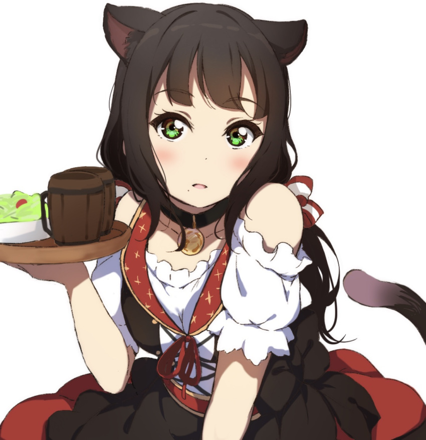 1girl animal_ears bangs black_dress black_hair blush bow cat_ears cat_girl cat_tail cup detached_sleeves dress eyebrows_visible_through_hair green_eyes head_tilt holding holding_tray icehotmilktea kemonomimi_mode kurosawa_dia long_hair love_live! love_live!_sunshine!! mole mole_under_mouth mug parted_lips plate puffy_short_sleeves puffy_sleeves red_bow shirt short_sleeves simple_background solo striped striped_bow tail tray white_background white_shirt