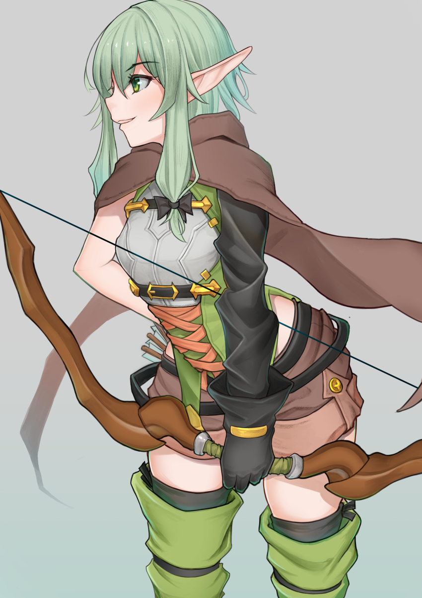 1girl absurdres black_bow boots bow bow_(weapon) breasts brown_shorts cloak elf gatchan goblin_slayer! green_eyes green_hair hair_bow high_elf_archer_(goblin_slayer!) highres hood hooded_cloak looking_to_the_side pointy_ears shorts sidelocks small_breasts smile solo thigh-highs thigh_boots weapon