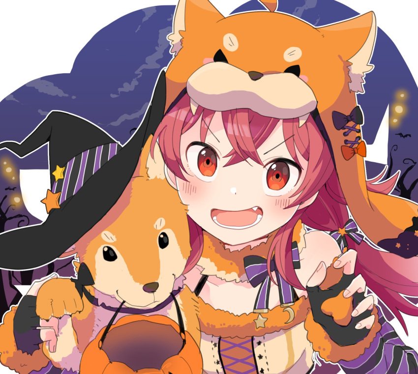 &gt;:d 1girl :d animal_hat bangs bat black_gloves bow chobota claw_pose commentary dog dog_hat fang fingerless_gloves fur_collar gloves halloween halloween_basket hat highres idolmaster idolmaster_shiny_colors komiya_kaho looking_at_viewer lower_teeth night open_mouth pumpkin red_eyes redhead shiba_inu smile solo striped striped_bow twintails upper_body witch_hat