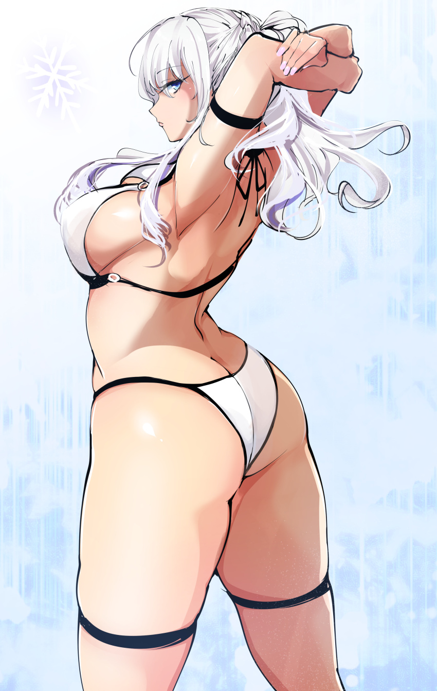 1girl absurdres agetama armpits arms_up ass bare_back bikini blue_eyes breasts butt_crack commentary_request hidan_no_aria highres jeanne_d'arc_(hidan_no_aria) large_breasts looking_at_viewer parted_lips sideboob skindentation solo swimsuit thigh_strap thighs white_bikini