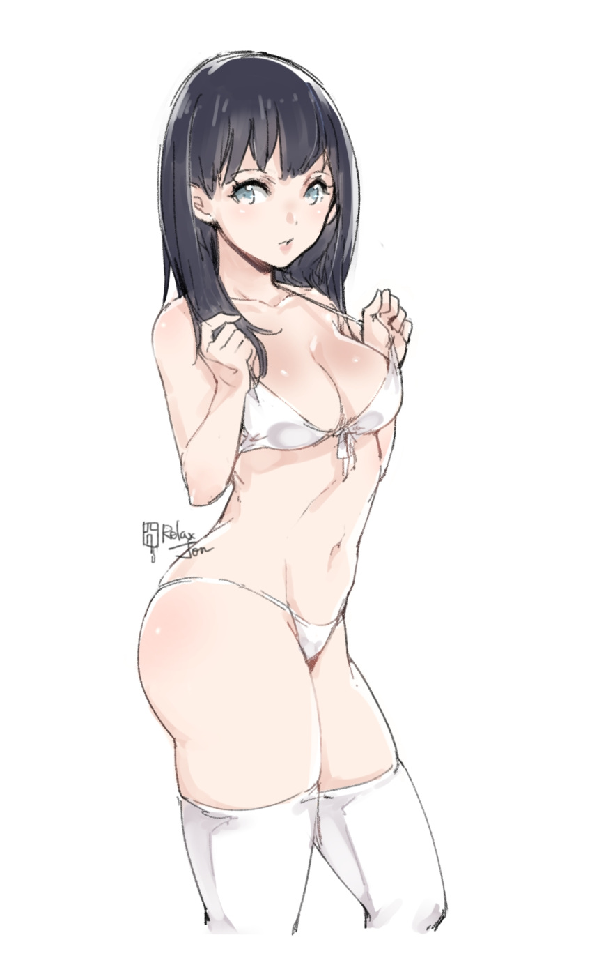 1girl bare_shoulders bikini black_hair blue_eyes breasts commentary_request highres long_hair looking_at_viewer medium_breasts navel parted_lips relaxjon signature simple_background skindentation solo ssss.gridman swimsuit takarada_rikka thighs white_background white_bikini