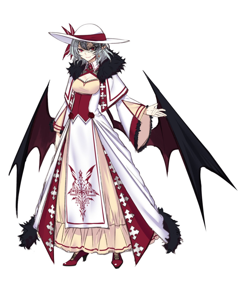1girl alternate_costume arm_at_side bangs bat_wings breasts capelet cleavage closed_mouth dress earrings full_body fur_trim grey_hair hair_between_eyes hand_up hat hat_ribbon high_heels highres jewelry layered_clothing layered_dress long_sleeves looking_at_viewer older open_hand outline pelvic_curtain pink_lips pointy_ears print_dress red_eyes red_footwear remilia_scarlet ribbon short_hair shukusuri smile sun_hat touhou veil white_background white_dress white_hat wide_sleeves wings yellow_dress