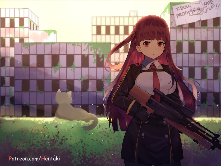 1girl animal bangs black_dress black_gloves breasts building bullpup cat closed_mouth collared_shirt commentary dress english english_commentary eyebrows_visible_through_hair girls_frontline gloves gun hair_ribbon hedge_(plant) hentaki holding holding_gun holding_weapon long_hair long_sleeves looking_at_viewer necktie object_namesake one_side_up outdoors red_eyes red_neckwear red_ribbon redhead ribbon rifle ruins scope shirt sign sky small_breasts sniper_rifle solo standing sunset trigger_discipline v-shaped_eyebrows very_long_hair wa2000_(girls_frontline) walther walther_wa_2000 watermark weapon web_address white_shirt