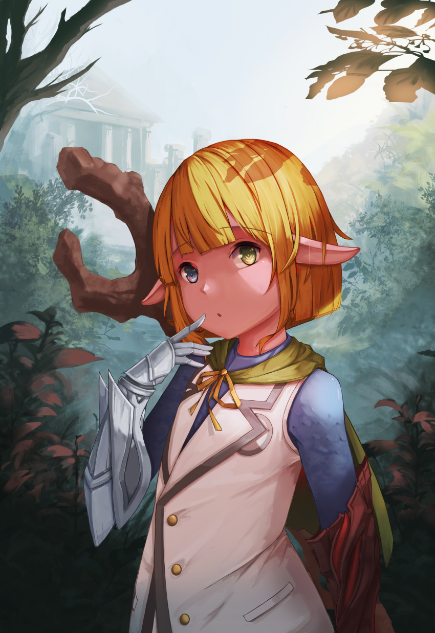 1boy :o absurdres armor bangs blonde_hair blue_eyes capelet elf eyebrows_visible_through_hair finger_to_mouth forest gauntlets green_capelet green_eyes heterochromia highres jacket jj33jj55 long_sleeves looking_at_viewer mare_bello_fiore nature overlord_(maruyama) parted_lips pointy_ears ribbon short_hair solo staff trap wooden_staff