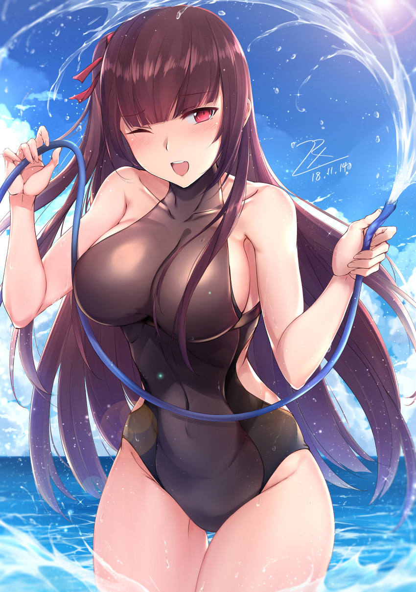 1girl absurdres beach blush breasts brown_hair cleavage commentary commentary_request dated girls_frontline hair_ribbon highres hose large_breasts long_hair looking_at_viewer one_eye_closed open_mouth red_eyes ribbon side_ponytail signature smile solo standing swimsuit wa2000_(girls_frontline) zhishi_ge_fangzhang