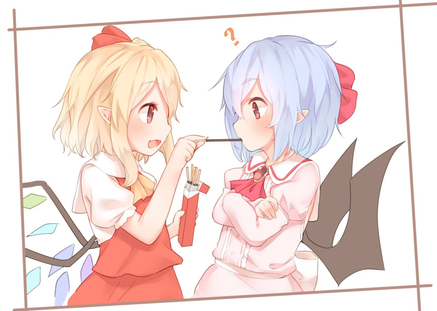 2girls ? ascot bat_wings black_wings blonde_hair blue_hair blush brooch commentary_request crossed_arms crystal flandre_scarlet food from_side jewelry long_hair long_sleeves multiple_girls open_mouth pink_shirt pocky pointy_ears puffy_sleeves red_eyes red_neckwear red_skirt red_vest remilia_scarlet sakurea shirt siblings sisters skirt skirt_set smile touhou upper_body vest white_shirt wings yellow_neckwear