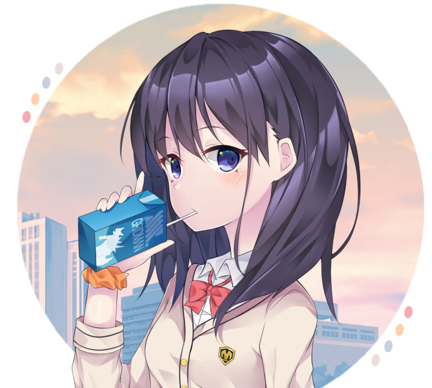 1girl ai_cao bangs blush bow bowtie brown_cardigan brown_hair building cardigan closed_mouth clouds cloudy_sky collared_shirt commentary_request copyright_name drinking drinking_straw eyebrows_visible_through_hair hair_between_eyes holding juice_box long_hair long_sleeves looking_at_viewer red_neckwear shirt sky skyscraper solo ssss.gridman sunset takarada_rikka upper_body violet_eyes white_shirt