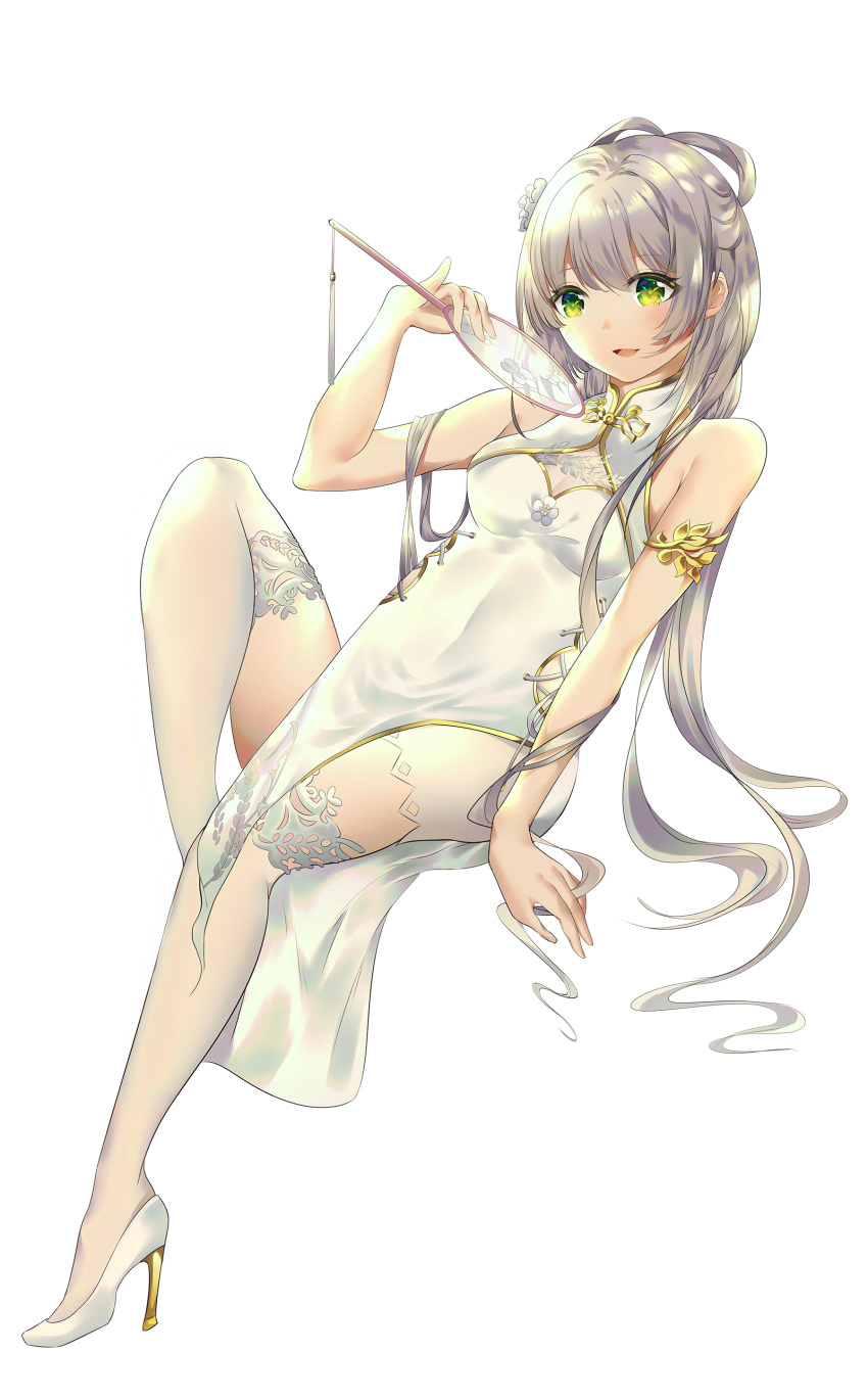 1girl absurdres armlet bangs bare_shoulders blush breasts china_dress chinese_clothes commentary_request covered_navel dress eyebrows_visible_through_hair fan full_body green_eyes hair_ornament hair_rings high_heels highres holding holding_fan knee_up leaning_back long_hair looking_away looking_down luo_tianyi paper_fan pelvic_curtain silver_hair simple_background sitting sleeveless sleeveless_dress small_breasts solo thigh-highs uchiwa very_long_hair vocaloid white_background white_dress white_footwear white_legwear xianguang