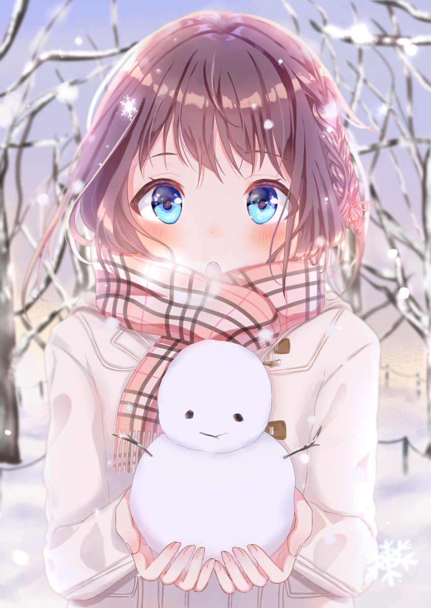 1girl absurdres bare_tree blue_eyes blush braid french_braid grey_sky highres looking_at_viewee medium_hair mouth_openblush original outdoors pink_scarf plaid plaid_scarf potate scarf snow snowflakes snowing snowman solo standing tree upper_body white_coat