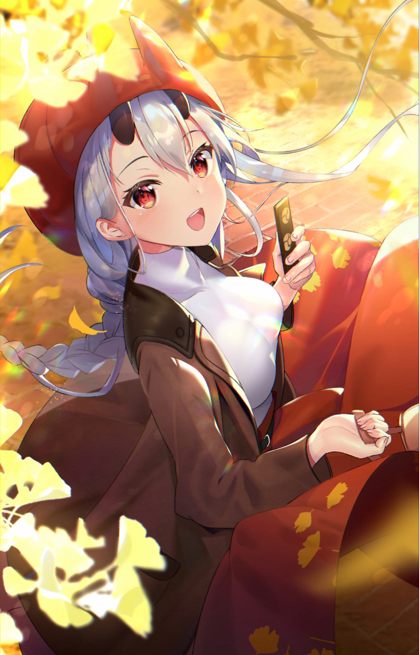1girl :d braid braided_ponytail breasts brown_coat coat fate/grand_order fate_(series) floating_hair from_above hair_between_eyes highres holding horns leaf long_hair long_skirt looking_back medium_breasts nayuta_(una) open_clothes open_coat open_mouth outdoors red_eyes red_hood red_skirt shiny shiny_hair shirt silver_hair single_braid skirt smile solo standing tomoe_gozen_(fate/grand_order) very_long_hair white_shirt wind wind_lift