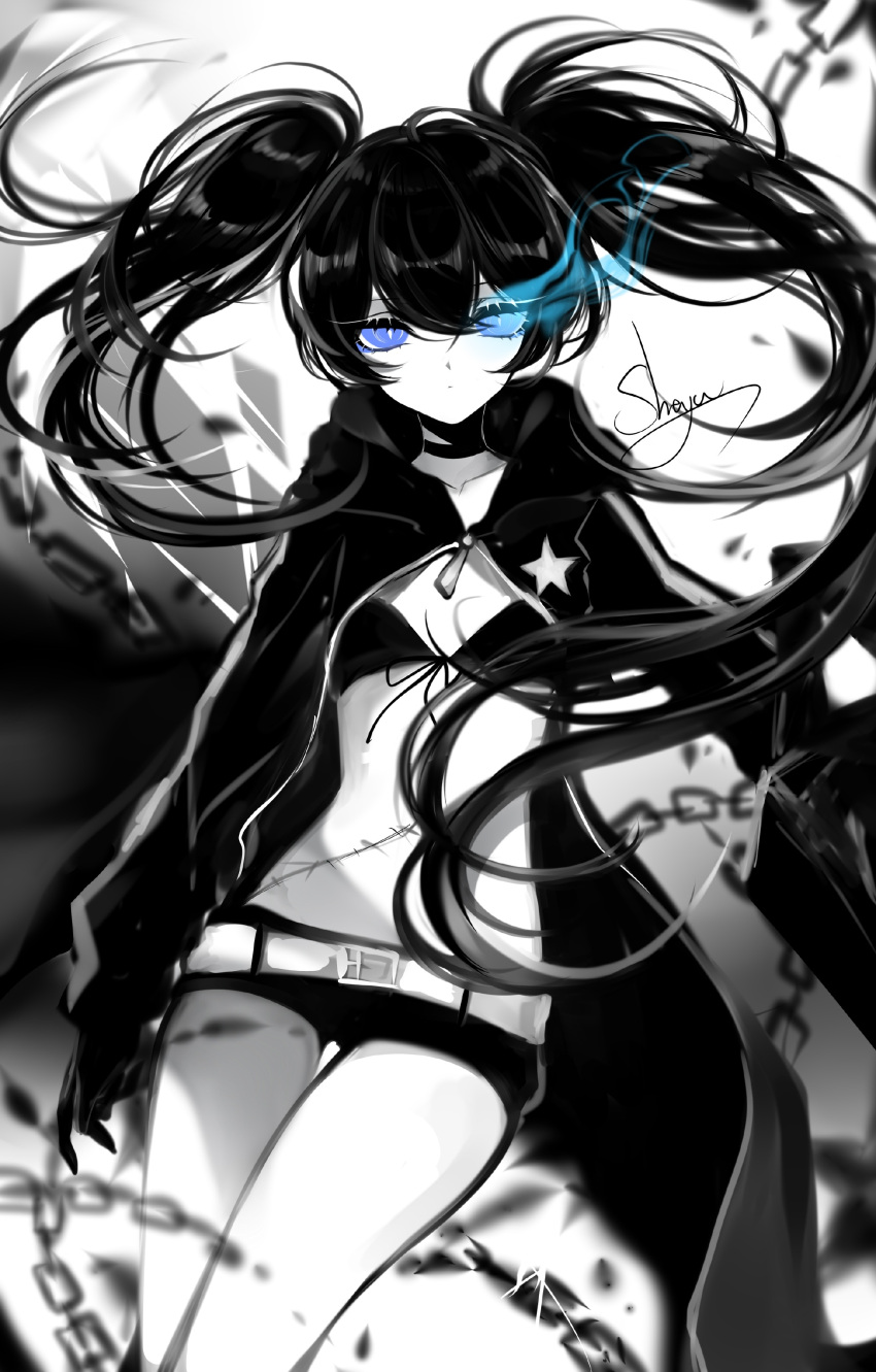 1girl absurdres artist_name bangs bikini_top black_hair black_rock_shooter black_rock_shooter_(character) blue_eyes chains chinese_commentary choker collarbone cowboy_shot eyelashes floating_hair front-tie_bikini front-tie_top gloves gradient gradient_background grey_background hair_between_eyes highres hood hooded_jacket jacket limited_palette long_hair long_sleeves looking_at_viewer sheya short_shorts shorts signature solo spot_color star stitches stomach thighs white_background