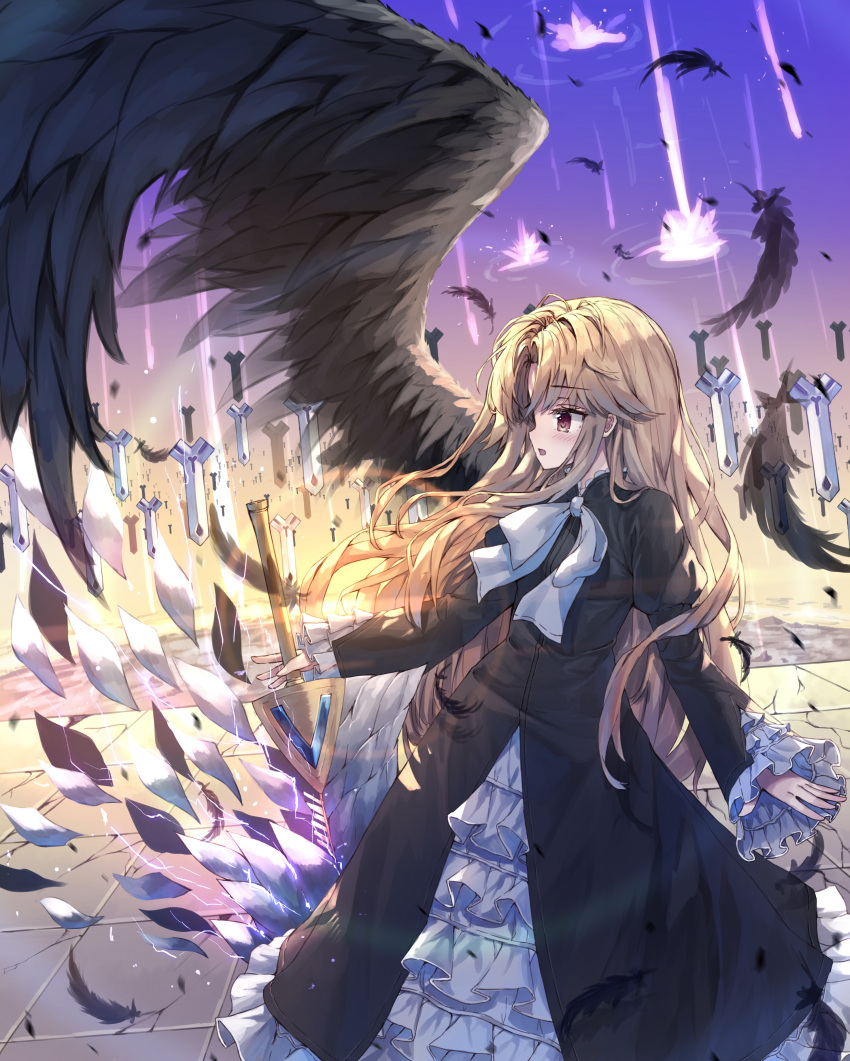 1girl absurdres bangs black_dress blush bow brown_feathers brown_wings dress electricity eyebrows_visible_through_hair feathered_wings feathers glowing hair_between_eyes highres holding holding_sword holding_weapon juliet_sleeves light_brown_hair long_hair long_sleeves looking_away looking_to_the_side original parted_lips profile puffy_sleeves red_eyes sleeves_past_wrists solo standing sword tandohark very_long_hair weapon white_bow wings