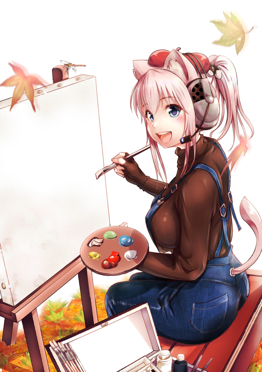 1girl :d absurdres animal_ears beret blush breasts canvas_(object) cat_ears ganari_ryuu green_eyes hat headphones headset highres large_breasts long_hair looking_at_viewer open_mouth original paint paintbrush painting palette pink_hair ponytail sitting smile solo super_tama_musume tail tamatoys