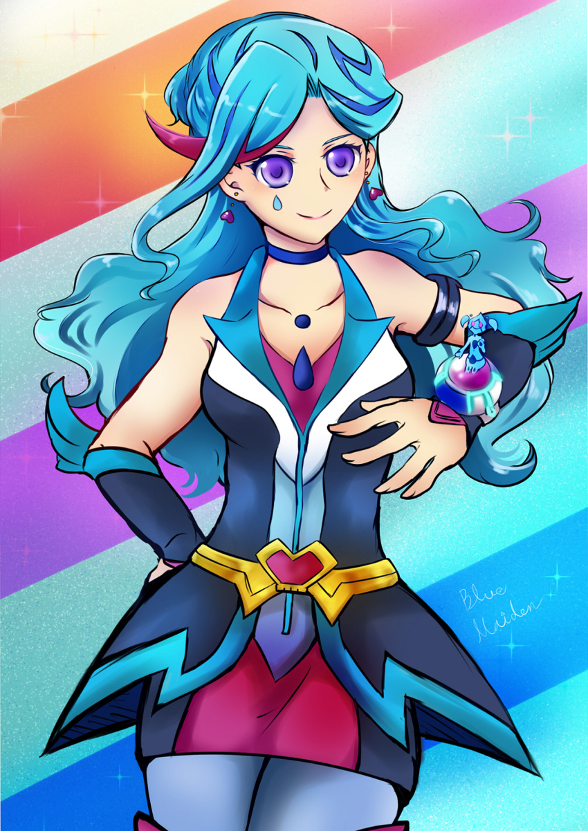 1girl aqua_(yuu-gi-ou_vrains) bear37 blue_eyes blue_hair blue_maiden choker commentary_request earrings facial_tattoo highres jewelry long_hair multicolored_hair skirt tattoo two-tone_hair yu-gi-oh! yuu-gi-ou yuu-gi-ou_vrains zaizen_aoi