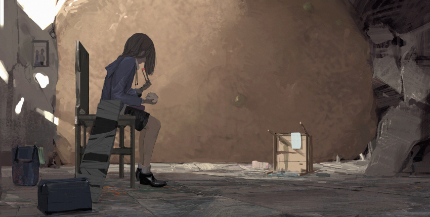 1girl absurdres artist_request clutter eating highres messy_room original rice ruins scenery short_hair solo sweatshirt table vase