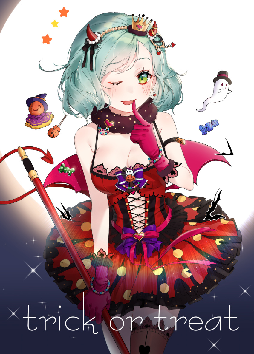 1girl ;p aqua_hair armband bang_dream! black_hat black_legwear black_ribbon blush bow bowtie bracelet breasts candy cleavage cowboy_shot cross-laced_clothes crown demon_horns demon_tail demon_wings dress earrings english finger_to_mouth food fur_collar ghost gloves green_eyes hair_ribbon hairband halloween halloween_costume hat heart heart_earrings highres hikawa_hina holding holding_staff horns jack-o'-lantern jewelry lock lollipop looking_at_viewer medium_breasts mini_crown navel navel_cutout one_eye_closed padlock pink_gloves pink_ribbon polka_dot polka_dot_dress puckjjick_(belbesi19) purple_neckwear red_dress ribbon short_hair solo staff star tail thigh-highs tongue tongue_out top_hat trick_or_treat wings witch_hat