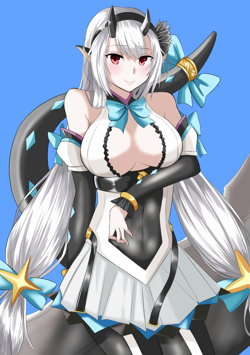 1girl absurdres black_hairband black_legwear blue_background blue_bow bow breasts cleavage covered_navel detached_sleeves dragon_tail epic7 flower hair_flower hair_ornament hairband highres horns large_breasts long_hair looking_at_viewer pantyhose pointy_ears smile solo standing tail tail_bow twomoon very_long_hair white_hair yufine_(epic7)