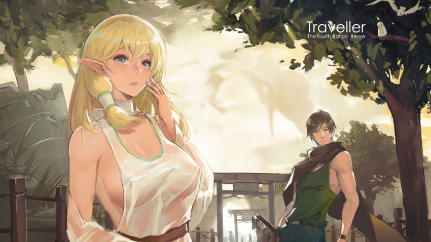 1boy 1girl bangs belt blonde_hair breasts brown_hair cape cleavage commentary_request detached_collar detached_sleeves dress elf erect_nipples fairy fence green_eyes green_tank_top hand_on_own_cheek large_breasts long_hair low-tied_long_hair mole mole_under_eye original outdoors pandea_work pants pointy_ears red_eyes scenery see-through sheath sheathed short_hair sideboob sword tree weapon white_dress