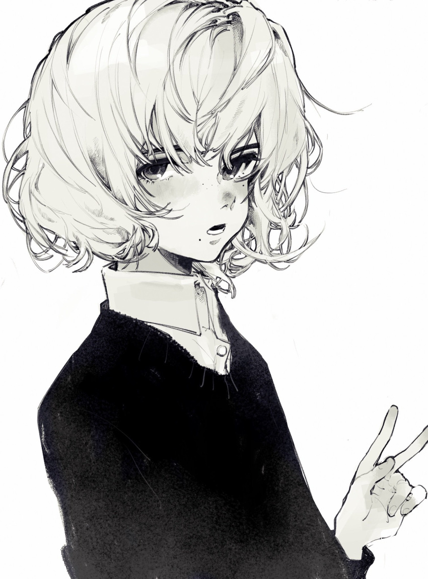 1girl bangs commentary daruma_owl freckles greyscale hair_between_eyes hand_up highres looking_at_viewer monochrome original shirt_under_sweater simple_background solo symbol_commentary v white_background wing_collar