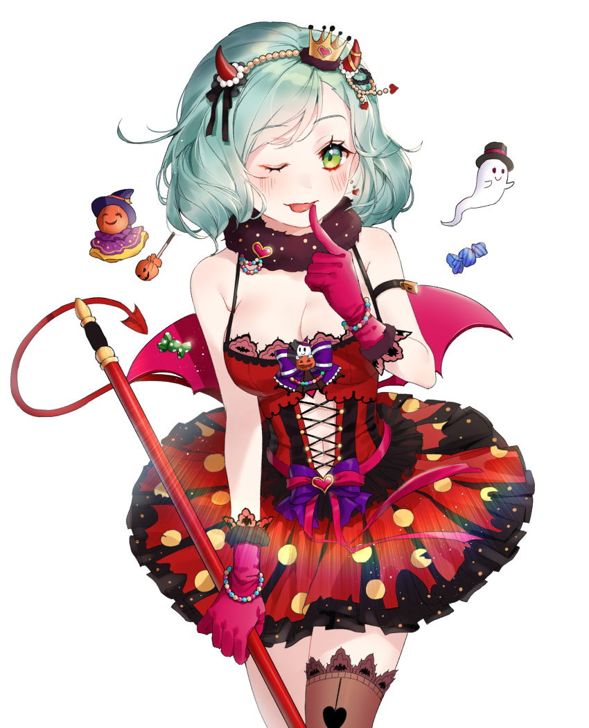 1girl ;p aqua_hair armband bang_dream! black_hat black_legwear black_ribbon blush bow bowtie bracelet breasts candy cleavage cowboy_shot cross-laced_clothes crown demon_horns demon_tail demon_wings dress earrings finger_to_mouth food fur_collar ghost gloves green_eyes hair_ribbon hairband halloween halloween_costume hat heart heart_earrings highres hikawa_hina holding holding_staff horns jack-o'-lantern jewelry lock lollipop looking_at_viewer medium_breasts mini_crown navel navel_cutout one_eye_closed padlock pink_gloves pink_ribbon polka_dot polka_dot_dress puckjjick_(belbesi19) purple_neckwear red_dress ribbon short_hair simple_background solo staff star tail thigh-highs tongue tongue_out top_hat white_background wings witch_hat