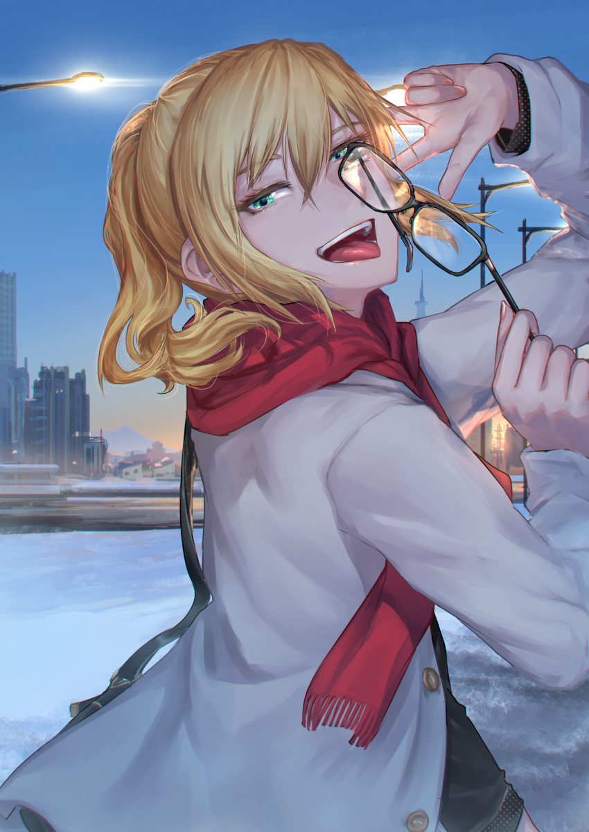 :d absurdres black-framed_eyewear blonde_hair blue_sky cityscape day eyewear_removed green_eyes hand_up highres kanjou_jouki lamppost long_hair looking_at_viewer open_mouth original outdoors ponytail pose red_scarf scarf sidelocks sky smile snow standing tongue tongue_out white_coat