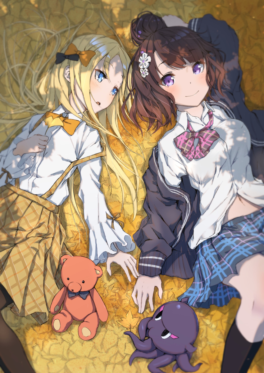 2girls abigail_williams_(fate/grand_order) absurdres alternate_costume animal arm_up autumn_leaves bangs black_bow black_jacket black_legwear black_skirt blonde_hair blue_eyes blush bow breasts brown_hair brown_skirt closed_mouth collared_shirt commentary_request dress_shirt eyebrows_visible_through_hair fate/grand_order fate_(series) forehead hair_between_eyes hair_bow hair_bun hair_ornament hand_up highres holding_legs jacket katsushika_hokusai_(fate/grand_order) kneehighs leaning_forward long_sleeves looking_at_viewer lying medium_breasts multiple_girls navel octopus on_back open_clothes open_jacket orange_bow pantyhose parted_bangs parted_lips plaid plaid_skirt pleated_skirt sahara386 shirt short_hair skirt sleeves_past_wrists smile stuffed_animal stuffed_toy suspender_skirt suspenders teddy_bear tokitarou_(fate/grand_order) violet_eyes white_shirt