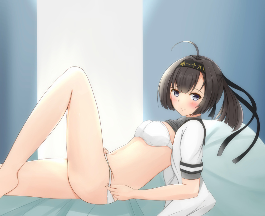 1girl ahoge akizuki_(kantai_collection) black_hair blue_eyes blush bra breasts commentary_request hachimaki headband highres kantai_collection looking_at_viewer looking_to_the_side lying medium_breasts navel on_back on_bed open_clothes open_shirt panties ponytail solo toyomi_13 underwear undressing wavy_mouth white_bra white_panties