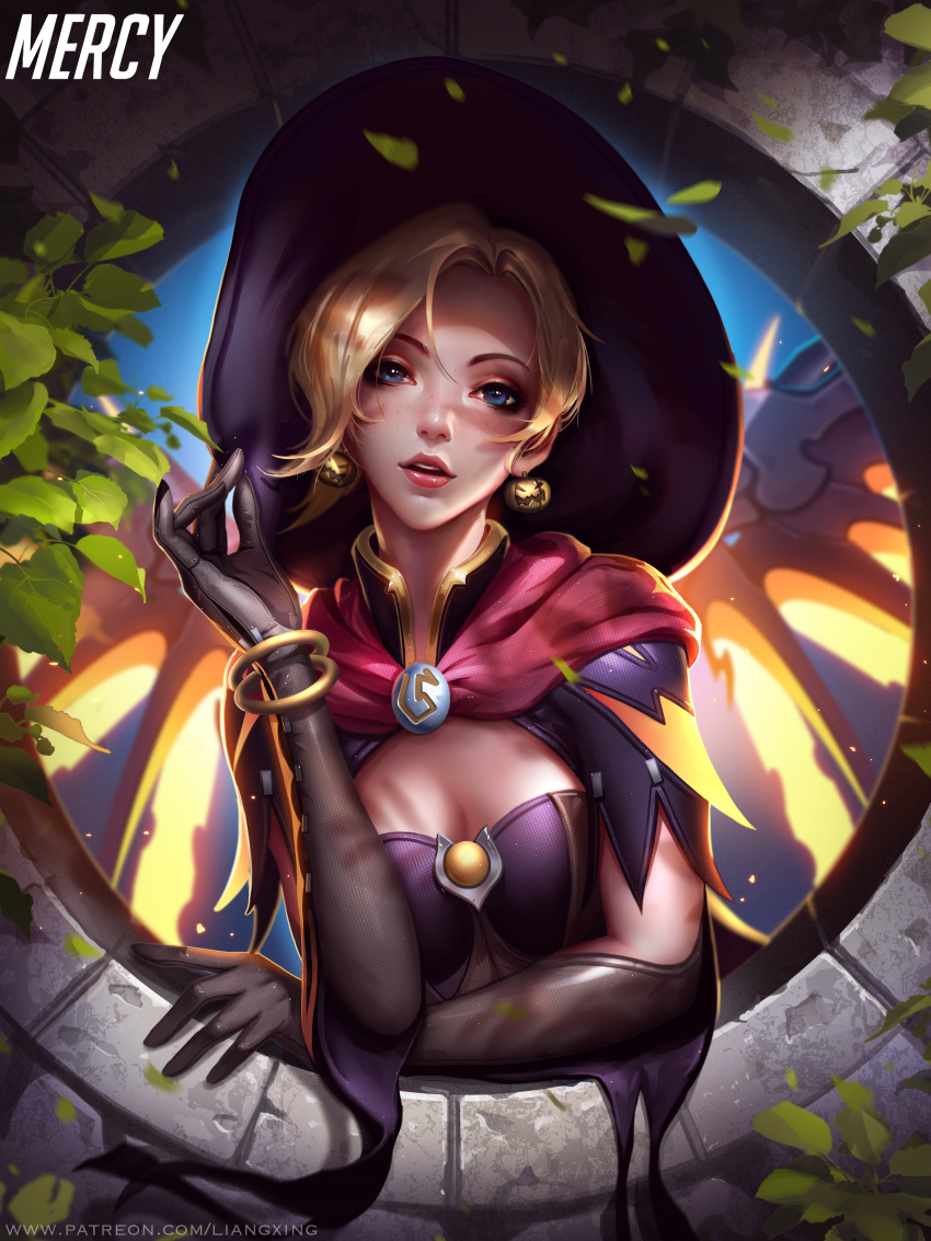 1girl absurdres alternate_costume bad_hands blonde_hair blue_eyes breasts cleavage earrings elbow_gloves food_themed_earrings gloves hat highres jewelry liang_xing looking_at_viewer medium_breasts mercy_(overwatch) overwatch parted_lips pumpkin_earrings solo witch_hat witch_mercy