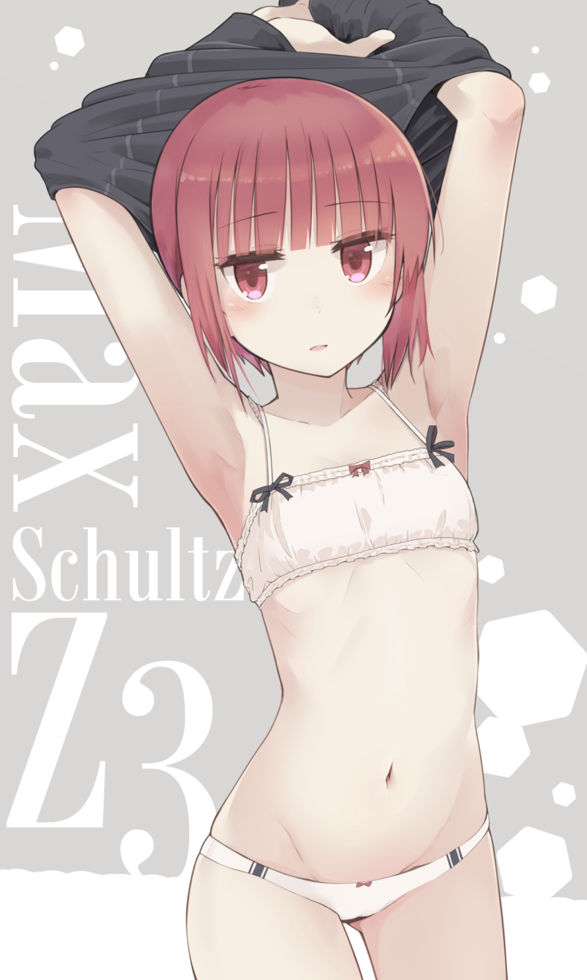 1girl armpits bow bow_bra bow_panties bra clothes_removed commentary_request flat_chest hat highres kantai_collection looking_at_viewer navel panties red_eyes redhead ribbon_bra sailor_hat short_hair solo underwear yopan_danshaku z3_max_schultz_(kantai_collection)