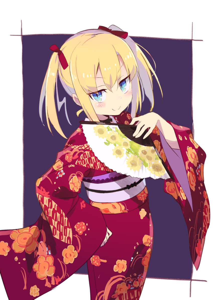 1girl absurdres amaryllis_class bangs blonde_hair blue_eyes blush bow closed_mouth commentary_request eyebrows_visible_through_hair fan fingernails floral_print folding_fan hair_between_eyes hair_bow hand_up highres holding holding_fan japanese_clothes kimono kotohara_hinari long_hair long_sleeves looking_at_viewer obi print_kimono purple_background red_bow red_kimono sash sidelocks sleeves_past_wrists smile solo tama_(tama-s) twintails two-tone_background virtual_youtuber white_background