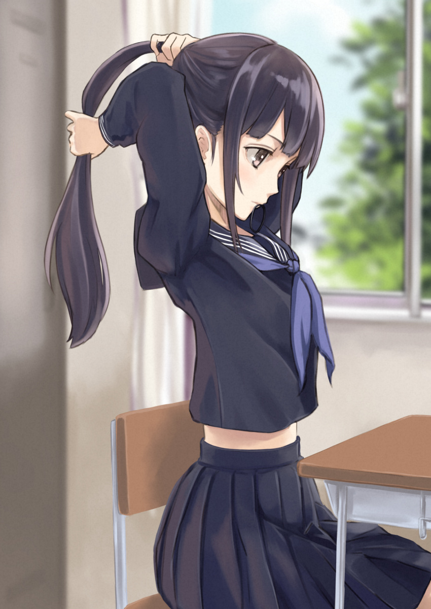 1girl arms_up ashiya_hiro black_sailor_collar black_serafuku black_shirt black_skirt blue_neckwear blue_sky blurry blurry_background blush brown_eyes brown_hair bunching_hair chair closed_mouth commentary_request day depth_of_field desk hair_tie hair_tie_in_mouth highres indoors long_sleeves looking_away mouth_hold neckerchief on_chair original pleated_skirt ponytail sailor_collar school_chair school_desk school_uniform serafuku shirt sidelocks sitting skirt sky solo window