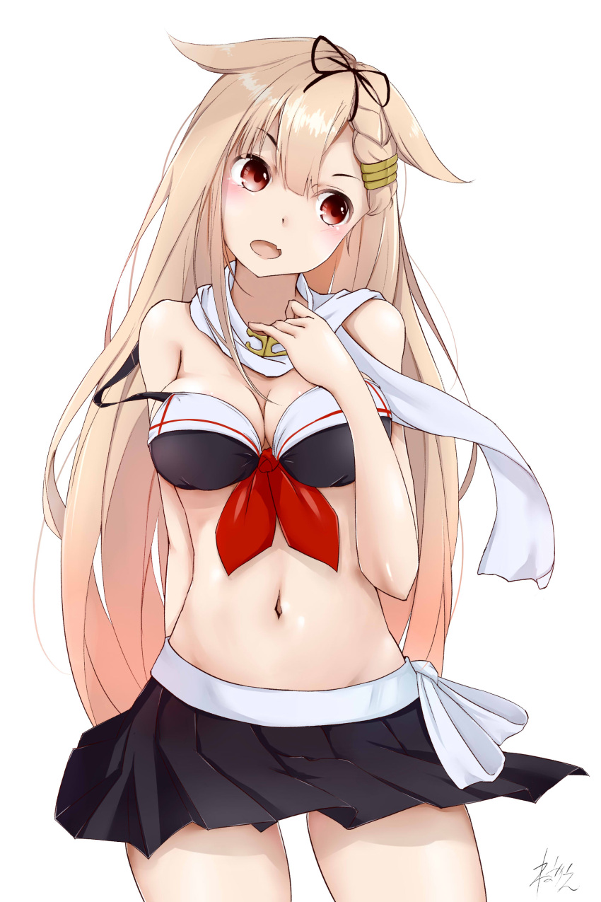 1girl absurdres alternate_costume bikini black_ribbon blonde_hair breasts gradient_hair hair_ornament hair_ribbon hairclip highres kantai_collection long_hair medium_breasts messy_hair multicolored_hair neckerchief neve red_eyes red_neckwear remodel_(kantai_collection) ribbon scarf simple_background solo swimsuit very_long_hair white_background white_scarf yuudachi_(kantai_collection)