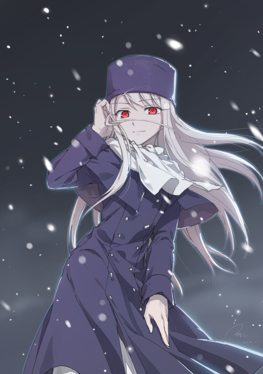 1girl absurdres adjusting_hair coat eyebrows_visible_through_hair fate/kaleid_liner_prisma_illya fate/stay_night fate_(series) floating_hair grey_background hair_between_eyes hat highres illyasviel_von_einzbern linjie long_hair looking_at_viewer purple_capelet purple_coat purple_hat red_eyes silver_hair smile snowing solo standing very_long_hair white_neckwear winter_clothes winter_coat