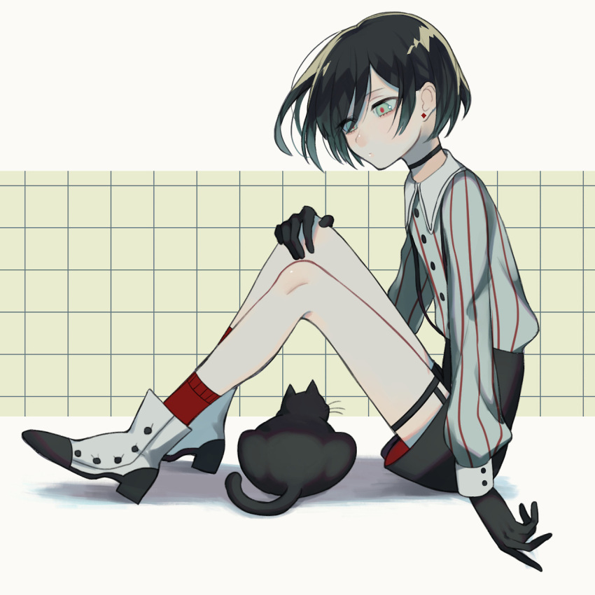 1boy arm_at_side arm_up bangs black_choker black_gloves black_hair black_hat black_shorts blue_eyes blue_shirt buttons cat choker closed_mouth collared_shirt from_side full_body gloves hand_on_own_knee hat high_heels highres kirudai knees_up leg_garter long_sleeves male_focus original red_legwear shirt short_hair shorts socks solo striped striped_shirt swept_bangs thigh_strap tile_wall tiles vertical-striped_shirt vertical_stripes white_footwear wing_collar