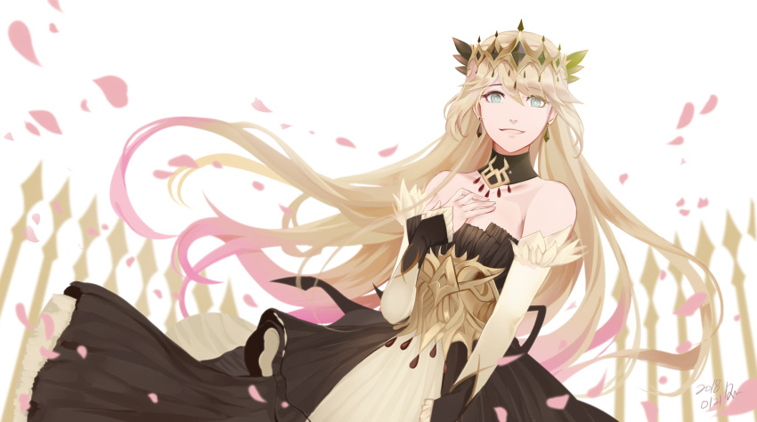 alternate_costume bare_shoulders blonde_hair collarbone crown detached_collar dow dress earrings elbow_gloves eyebrows_visible_through_hair floating floating_hair gloves green_eyes hair_ornament hand_on_own_chest highres jewelry karin_(seven_kinghts) long_hair looking_at_viewer multicolored multicolored_clothes open_mouth petals seven_knights simple_background sleeveless sleeveless_dress smile upper_body very_long_hair white_background