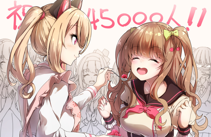.live 6+girls :d absurdres animal_ears apron bangs black_sailor_collar blonde_hair blush bow breasts brown_background brown_hair brown_shirt cat_ears character_request closed_mouth darjeeling_(reley) eyebrows_visible_through_hair fake_animal_ears feeding fingernails food frills green_bow hair_bow highres holding holding_spoon kakyouin_chieri large_breasts long_hair long_sleeves multiple_girls neckerchief nekonoki_mochi open_mouth pink_apron profile puffy_short_sleeves puffy_sleeves red_eyes red_neckwear sailor_collar school_uniform serafuku shirt short_sleeves side_ponytail smile spoon two_side_up upper_body very_long_hair virtual_youtuber white_shirt wrist_cuffs